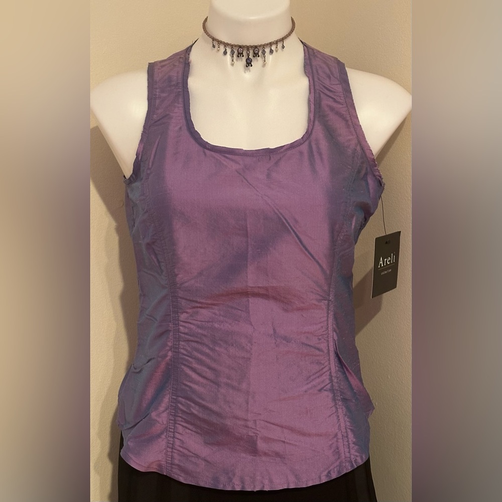 Areli Violet Purple Blue NWT  Hermes Blouse 100% Silk Zip Closure On Side  Sz 8